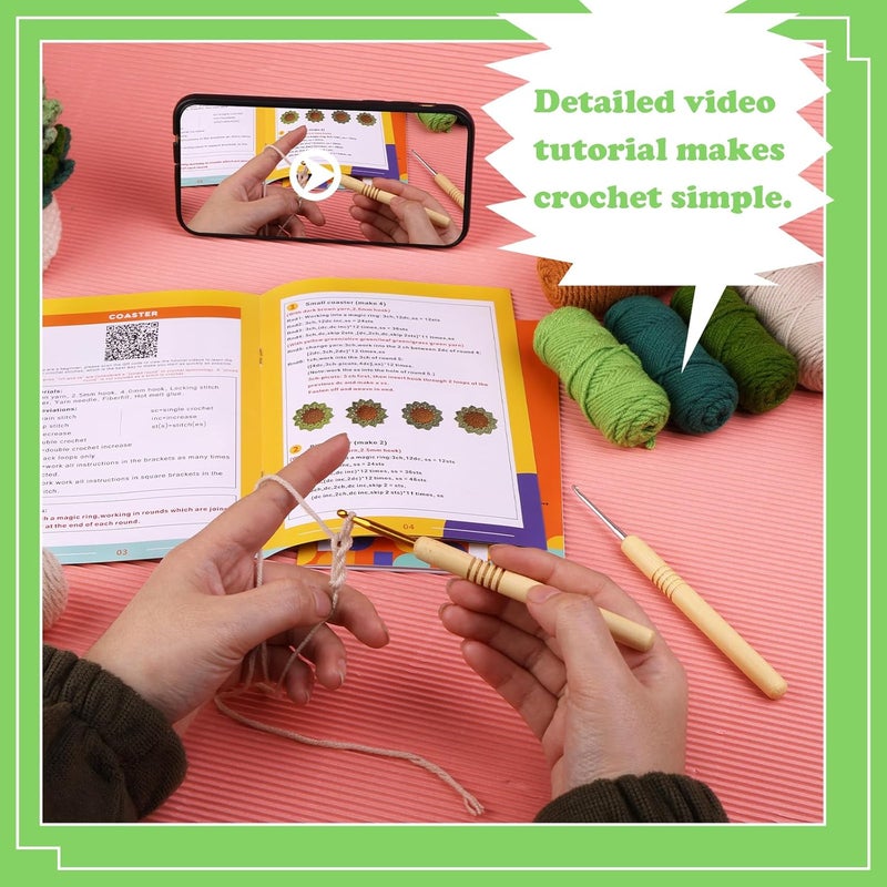 FTEVEN Crochet Kit for Beginners, 6PCS Coasters Crochet Starter Kit Plant Pot, Knitting Supplies Kit with Step-by-Step Video Tutorials, Crochet Yarn for Adults DIY Present - Image 3